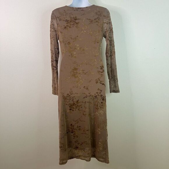 Francesca’s Brown Whimsigoth Floral Mesh Midi Dress Long Sleeve Velvet‎ Size S - Picture 7 of 14